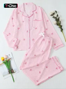 Women's Striped Bow Dot Print Long Sleeve Fitted Pajama Set, Pyjamas, Pjs, Sweet Cute Button Front Top and Pants, Casual Home Wear Loungewear for All Seasons