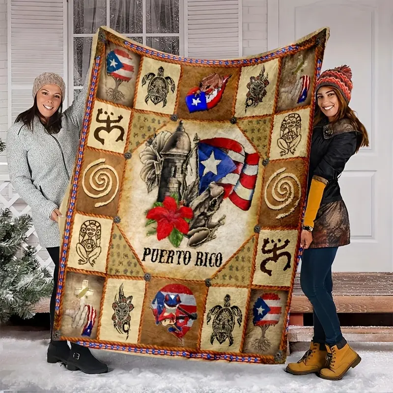 Puerto Rican Theme Flannelette Blanket Polyester Comfort Multipurpose Indoor Outdoor Use Warm Portable Office Nap Blanket Bright Prints All Seasons