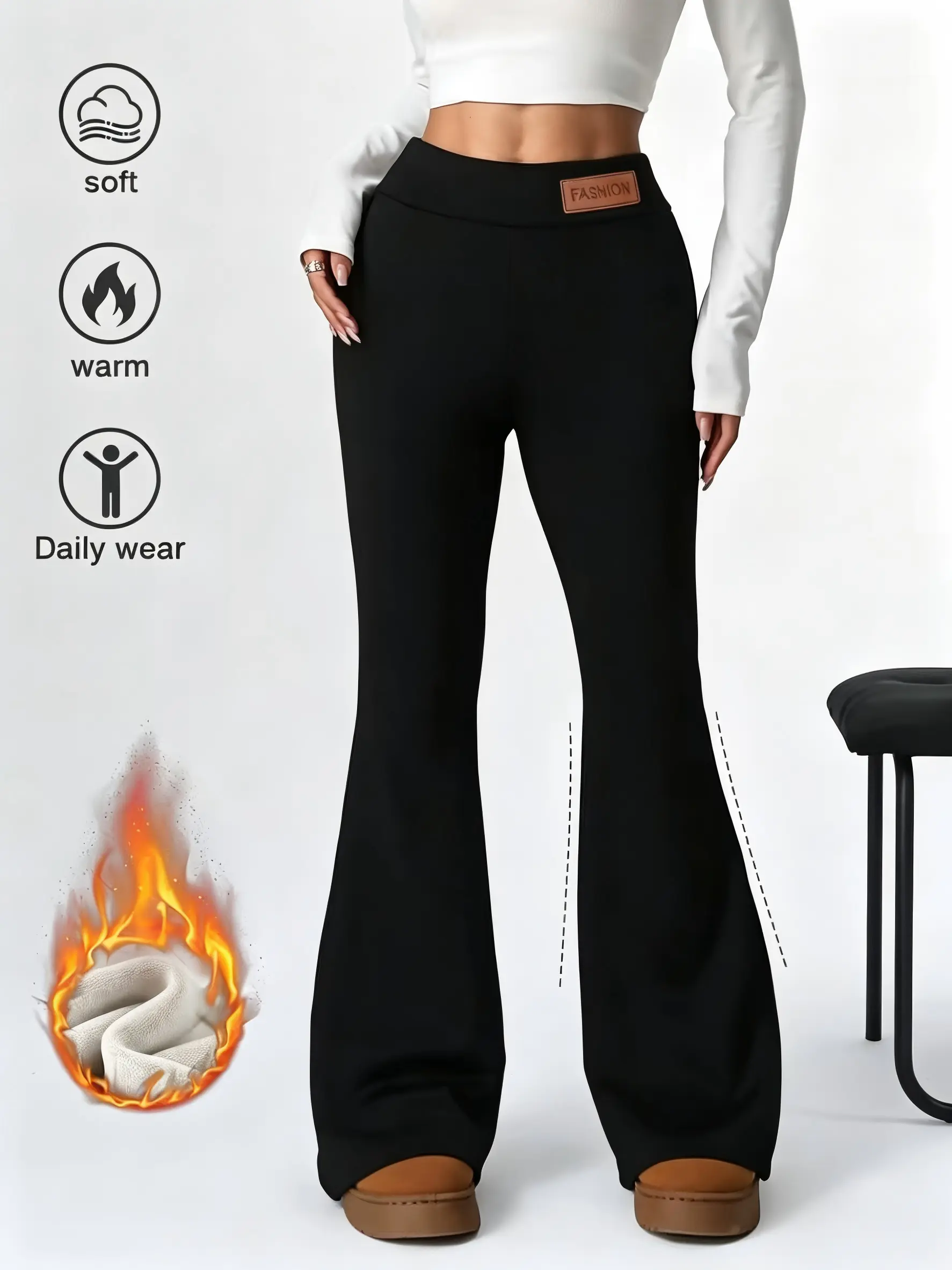 New Women's Autumn-Winter Fleece-Lined Flared Leggings, High-Elastic Slimming Sport Bottoms with Warm Tummy Control, Butt Lifting & Versatile Style, Bottom, Polyester, Pants For Women, Comfy Pants
