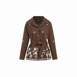 Cider Cotton Floral Embroidery Oversized Jacket With Belt
