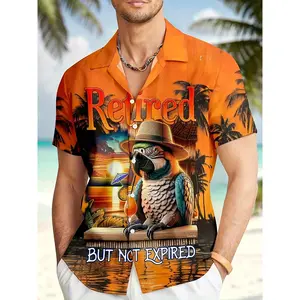 Men's Hawaiian Print Short-Sleeve Button-Up Shirt with Collar Hawaiian Parrot & Palm Tree Size Summer Vacation Beachwear Machine Washable for Care (Suitable for) PLUS SIZE