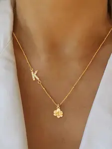 Women's Elegant Zirconia Letter Pendant Stainless Steel Necklace, Initial Pendant, Rose Flower Pendant Design, Fashion Jewelry for All Seasons