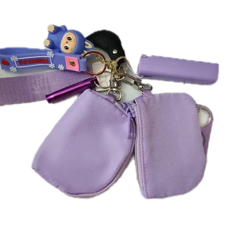 Safety Wristlet with Accessories in Purple and White Includes Wristlet with 2 Zip Pouches Spritzer Bottle Bear Key Ring Safety Whistle Poker and Personal Alarm