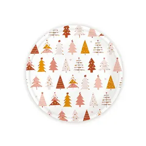 Boho Christmas Tree Icon Paper Plates, Festive Decor Home Supplies (Set of 8)
