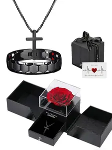 2-Piece Unisex Set: Black Titanium Steel Cross Necklace + Magnetic Therapy Bracelet in Eternal Flower Box. Dad's Surprise Gift, Unisex Plain Cross Pendant. Ideal for Father's Day, Christmas, New Year, Mother's Day, Valentine's Day; Party & Daily Wear