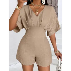 Women'S V-Neck Jumpsuit - Polyester Blend, Solid Color, Short Sleeve, Beltless, Woven Fabric, Regular Fit for Summer Outings, Casual Outfit | Minimalist Style | Woven Texture, Cute Overalls Womenswear Collar Elegant Chic