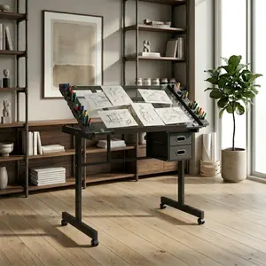 ARCH Adjustable Art Drawing Desk Craft Station Drafting   with 2  fabric  Drawers and 4 Wheels (black)