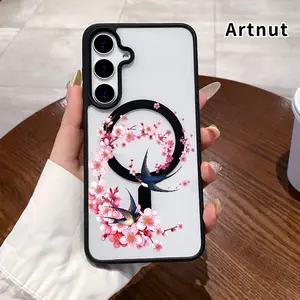 Magnetic Phone Case Supports Wireless Charging Compatible with Samsung Galaxy S23 Ultra S24 Plus S25 S22+ FE Cherry Blossoms with Swallows Pattern Anti-Yellowing Shockproof Durable Ultra-Thin Crystal Transparent Acrylic Cover.
