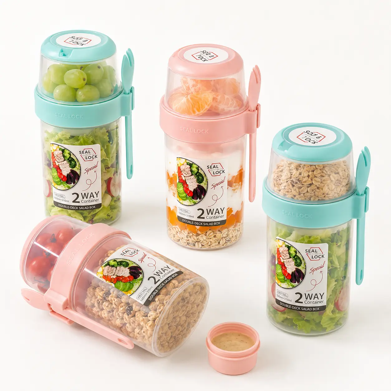 AISOON 4-Pack 2-Layer Yogurt & Salad Cups with Fork, Dressing Cup and Folding Handle, 310ml + 560ml Portable Breakfast Containers