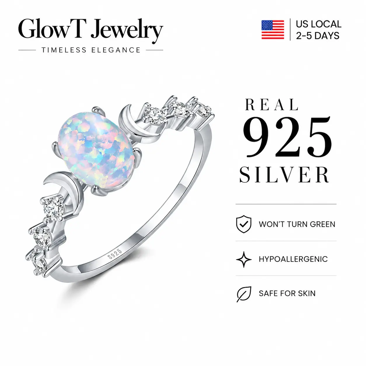 925 Sterling Silver Opal Ring with Crescent Moon and Round Cubic Zirconia, Adjustable Boho Elegant Ring for Women, Perfect Birthday, Anniversary, or Everyday Gift