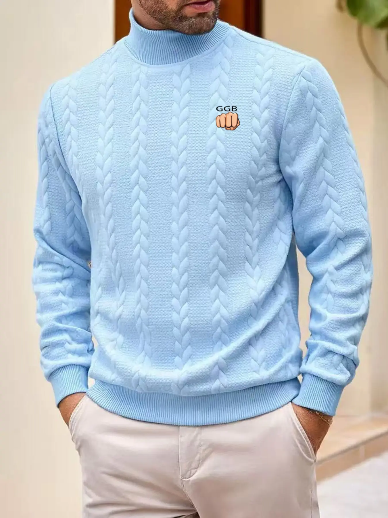 Men's High Neck Casual Fitted Knitted Sweater, Winter Warm Knitwear, Textured Print Design, Long Sleeve, Ideal for Daily Wear & Layering, Knitwear Tops