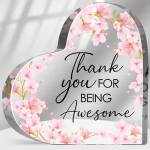 Thank You for Being Awesome Sign Acrylic Heart, Inspirational Quotes Gifts for Women Men, Appreciation Keepsake Gifts for Friends Coworkers Teacher Boss Desk Decor Floral Sign Plaque
