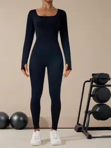 Women's Jumpsuit, Casual Tummy Control High Stretch Shapewear Jumpsuit, Long Sleeve Bodysuit for Workout and Sports, Solid Color Playsuit - Check, Womenswear, Ladies Shapewear Clothes for Daily Wear#SSL1