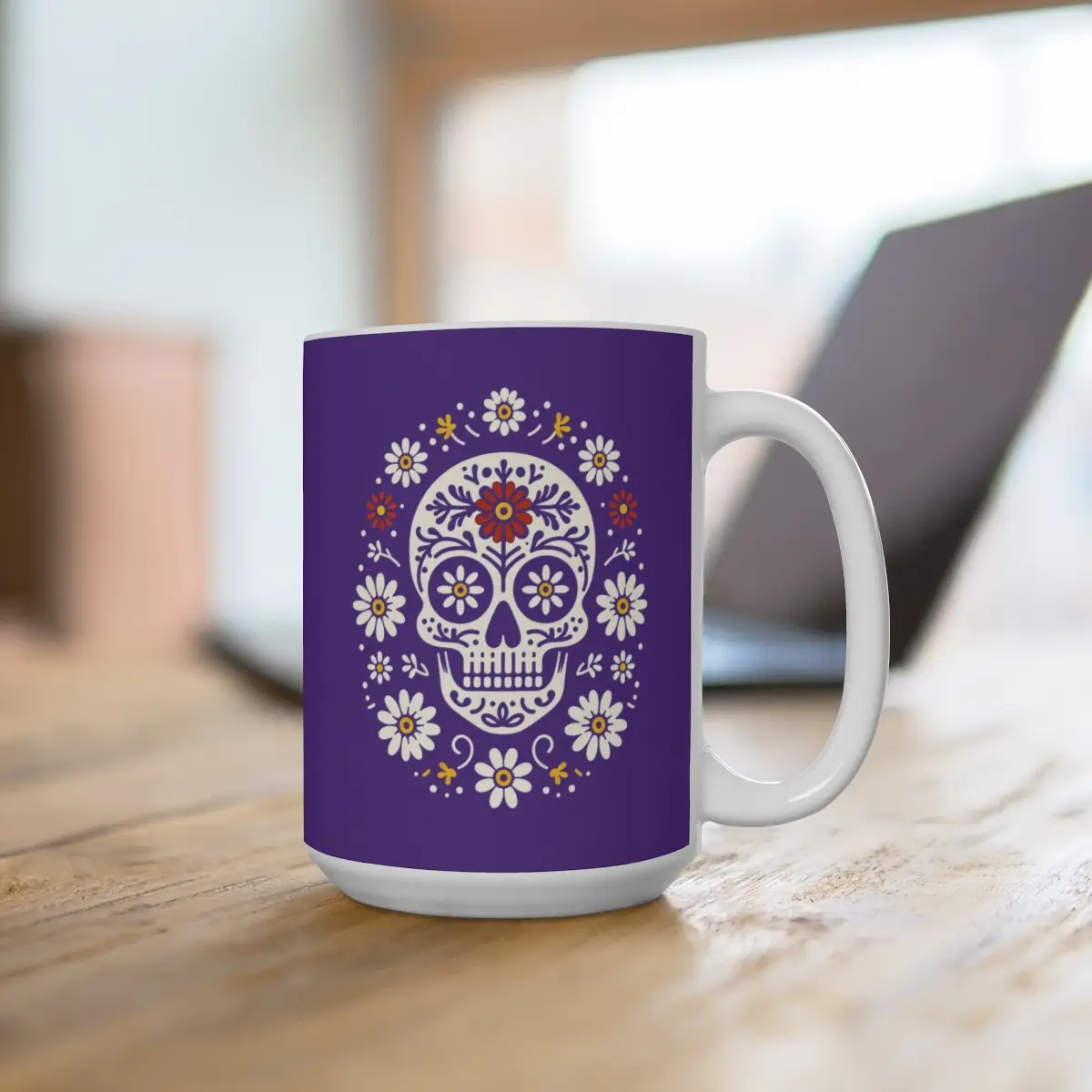 Sugar Skull Day of the Dead Halloween Mug 15oz - Day of the Dead Coffee Cup, Gothic Skeleton Tea Mug, Halloween Drinkware, Spooky Kitchen, Purple Background ceramic mug