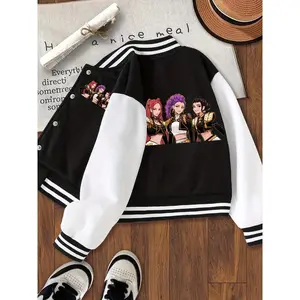 Girls' Halloween Christmas Short Baseball Jacket Coat, Cool Devil Cartoon Design, Elastic Fabric, Fitted Style, Fall Winter Outdoor Sports Wear, Teen Titans JacketsGift