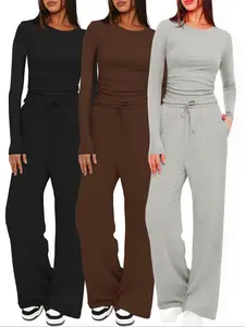Women's 2-Piece/6-Piece Plain Slim-Fit Long Sleeve Top Pants Sleepwear Set, Soft Comfortable Homeewear, Casual Yoga Wear