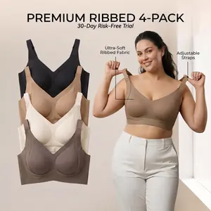 4-Pack Ribbed Seamless Push Up Bras Wirefree Jelly Full Coverage Everyday Comfort Bralette Miracle Lift T-Shirt Sleep Bra , S-4XL Plus Size Underwear
