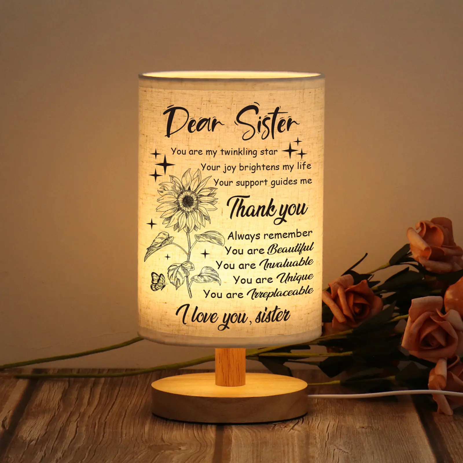 Sister Gifts for Women, Mothers Day Birthday Gifts for Sister,Table Lamp with Wooden Stand Anniversary Wedding Present for Girls Adjustable Led Lights, Ambient Led Lighting, Led Atmosphere Lamp