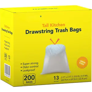 13 Gallon Tall Kitchen Trash Bags,  Scented 200 Count Drawstring Garbage Bags, Pre-Separated, Odor Control, Ultra , Leakproof, Sturdy, White