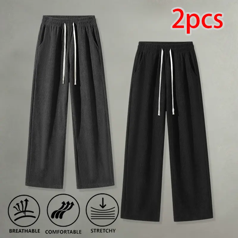 Men’s corduroy wide-leg pants two-piece set — breathable, soft straight-cut trousers available in brown and dark blue; suitable for outdoor walks and everyday streetwear.