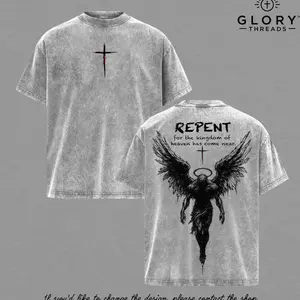 Repent Vintage Washed Oversized Christian T-Shirt, Angel Wings Faith Graphic Tee, “Kingdom of Heaven Has Come Near” Gospel Streetwear Top, Heavy Cotton Unisex Retro Worship Shirt U8N, Apparel, Shortsleeve Menswear Sweatshirts Crewneck Biker