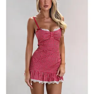 Women's Summer Plaid Cami Dress Sleeveless Lace Trim Hem Mini Spaghetti Strap Dress 100% Elastane Plaid Pattern