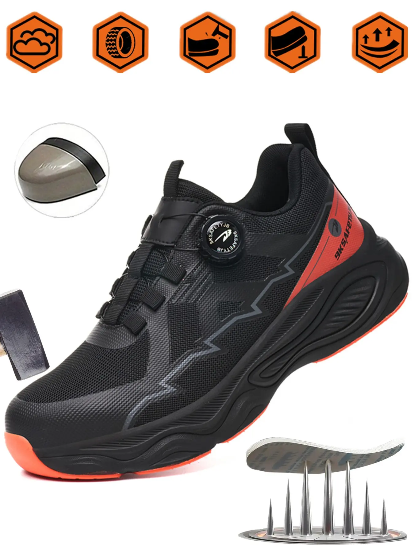 Unisex Safety Shoes, Euro Standard Steel Toe Kevlar, One-Touch Buckle, Anti-Slip Rubber Sole, Breathable Mesh, Sizes 37-48, Sneaker, Sports Shoes