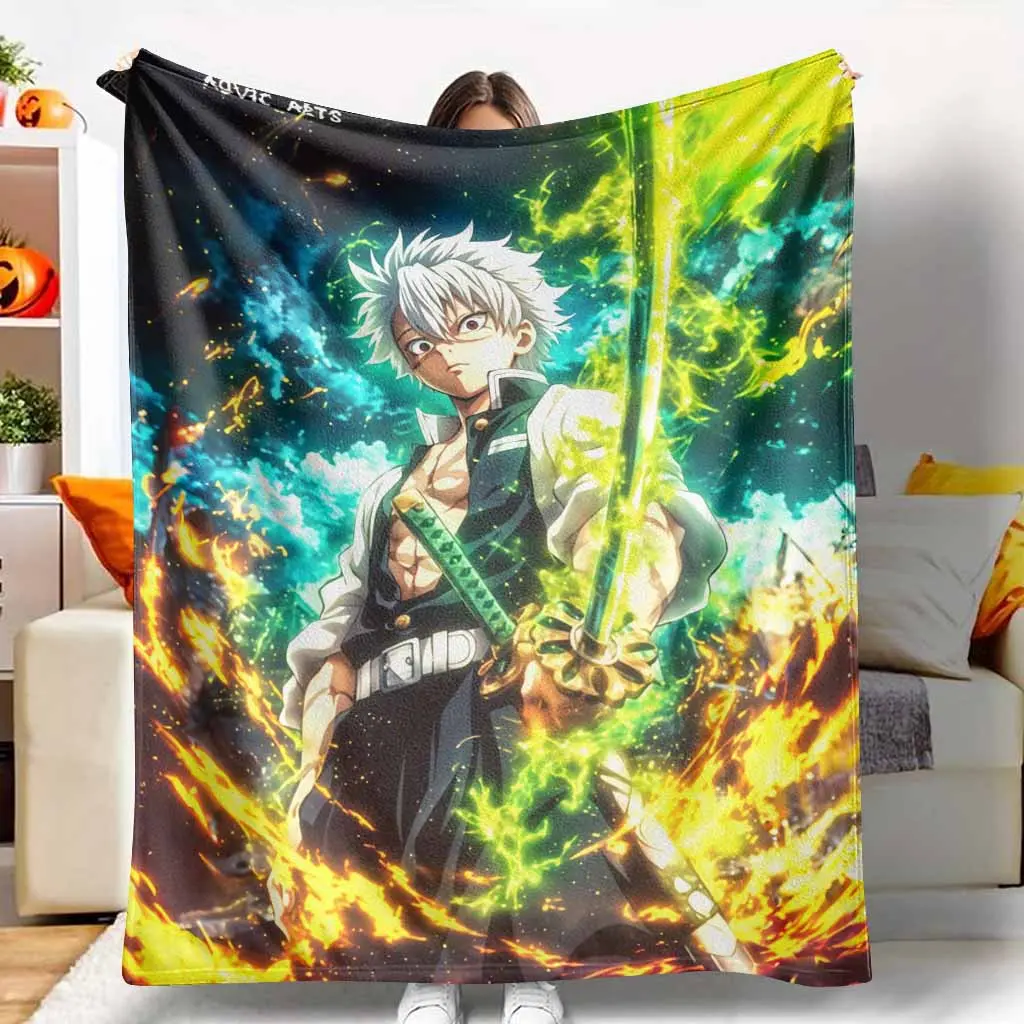 Demon Slayer Sanemi Shinazugawa Anime-Style Flannel Blanket - Ultra-Soft, Warm, Lightweight, Durable, Ideal for Sofa, Travel, Perfect Gift for Anime Fans, Anime-Style Blankets