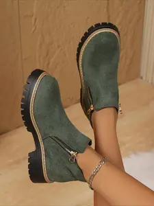 Zipper-Detailed Ankle Boots: Faux Leather Upper Adds Minimalist Vibe to Casual Outfits Winter Warm Boots
