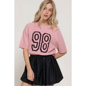 Round Neck Short Sleeve Sweater with Lettering