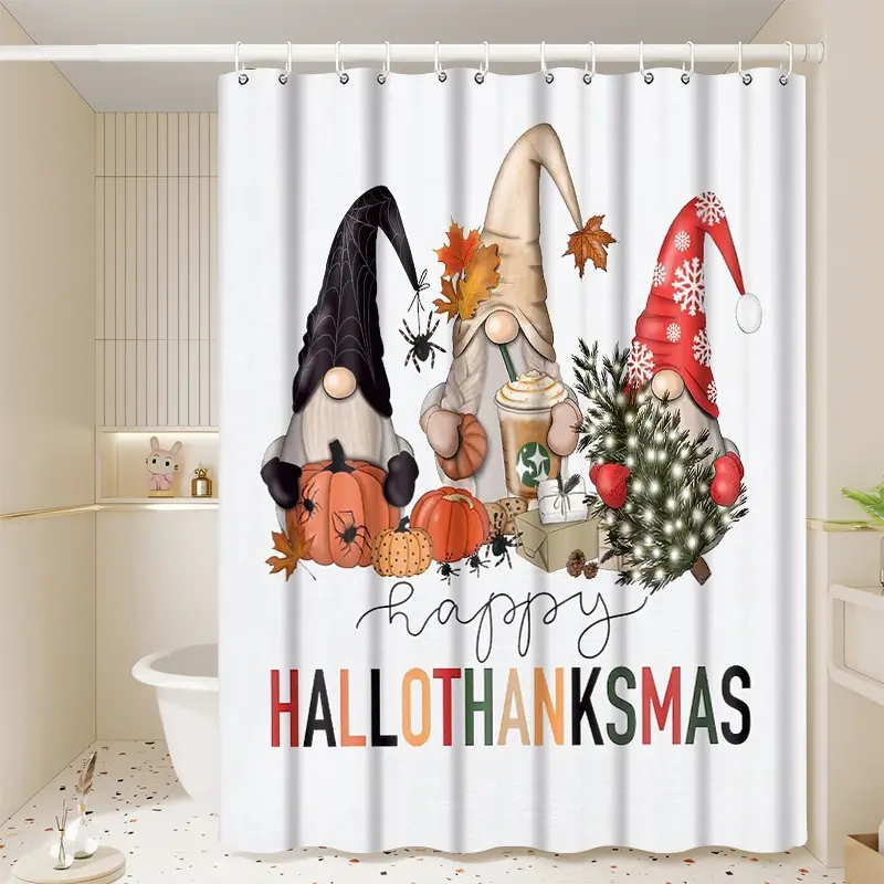 1pc Festive Gnomes Shower Curtain, Happy Hallothanksmas Bathroom Decor, Tranquil Nature-Inspired Design, 70.9x70.9in Hanging Curtain with Hooks, Ideal Gift for Holiday Season or Friends, Bathroom Shower Equipment