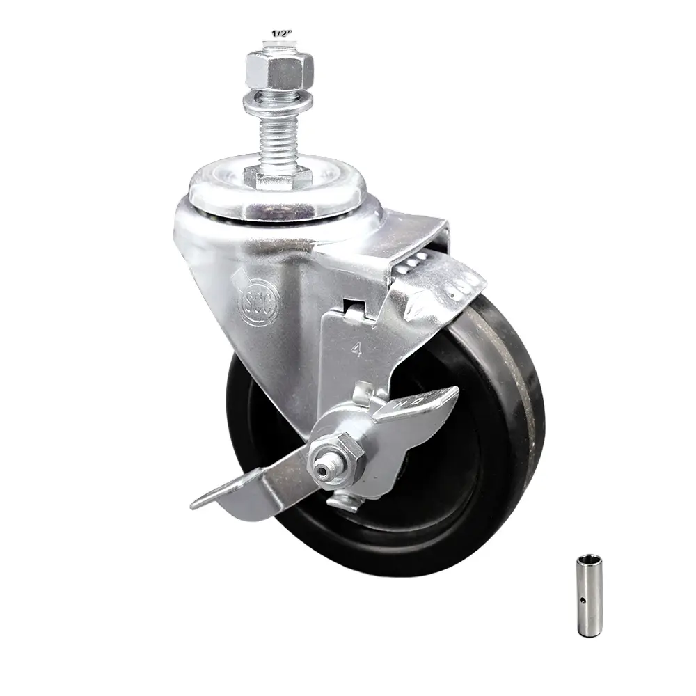 Service Caster SCC-SSTS20S414-PHS-TLB-121315 Stainless Steel Phenolic Swivel Threaded Stem Caster, 4x1.25 in. Black Wheel, 0.5 in. Stem, Top Locking Brake, 300 lbs Load Capacity, High Resistance to Impact for Carts & Equipment, Commercial, Metal, Service,
