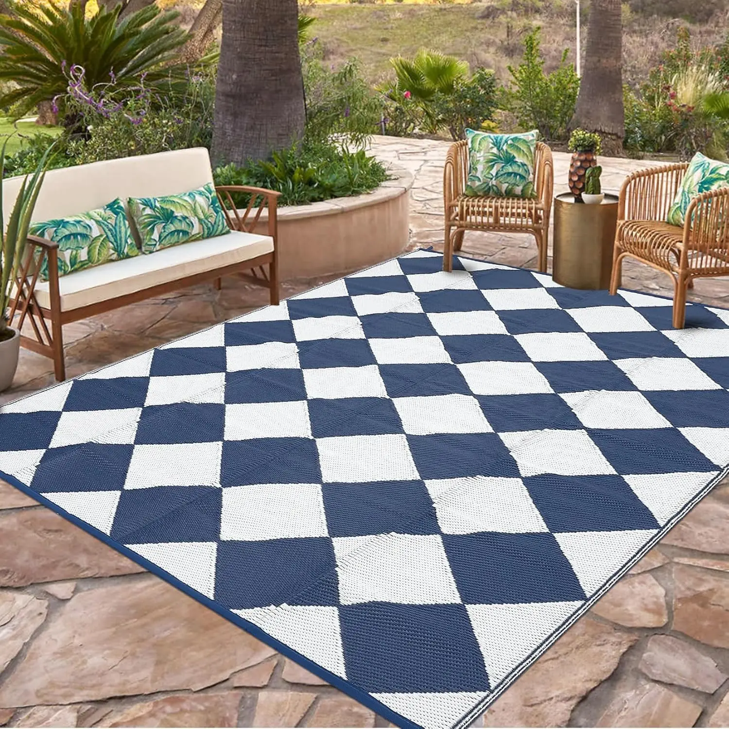 Garvee Outdoor Rug 8x10, Reversible Plastic Straw Mat with Carry Bag, Easy to Clean Checkered Floor Carpet for RV, Patio, Camping, Deck, Picnic(Navy/White)