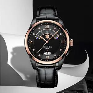 Black Rose Gold Retro Roman Crystal Men Chronograph Watch, British Gentleman Leather Business Luxury Gift For Formal Occasion