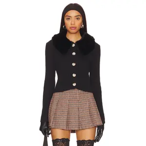 Central Park West Delilah Faux Fur Collar Cardigan in Black