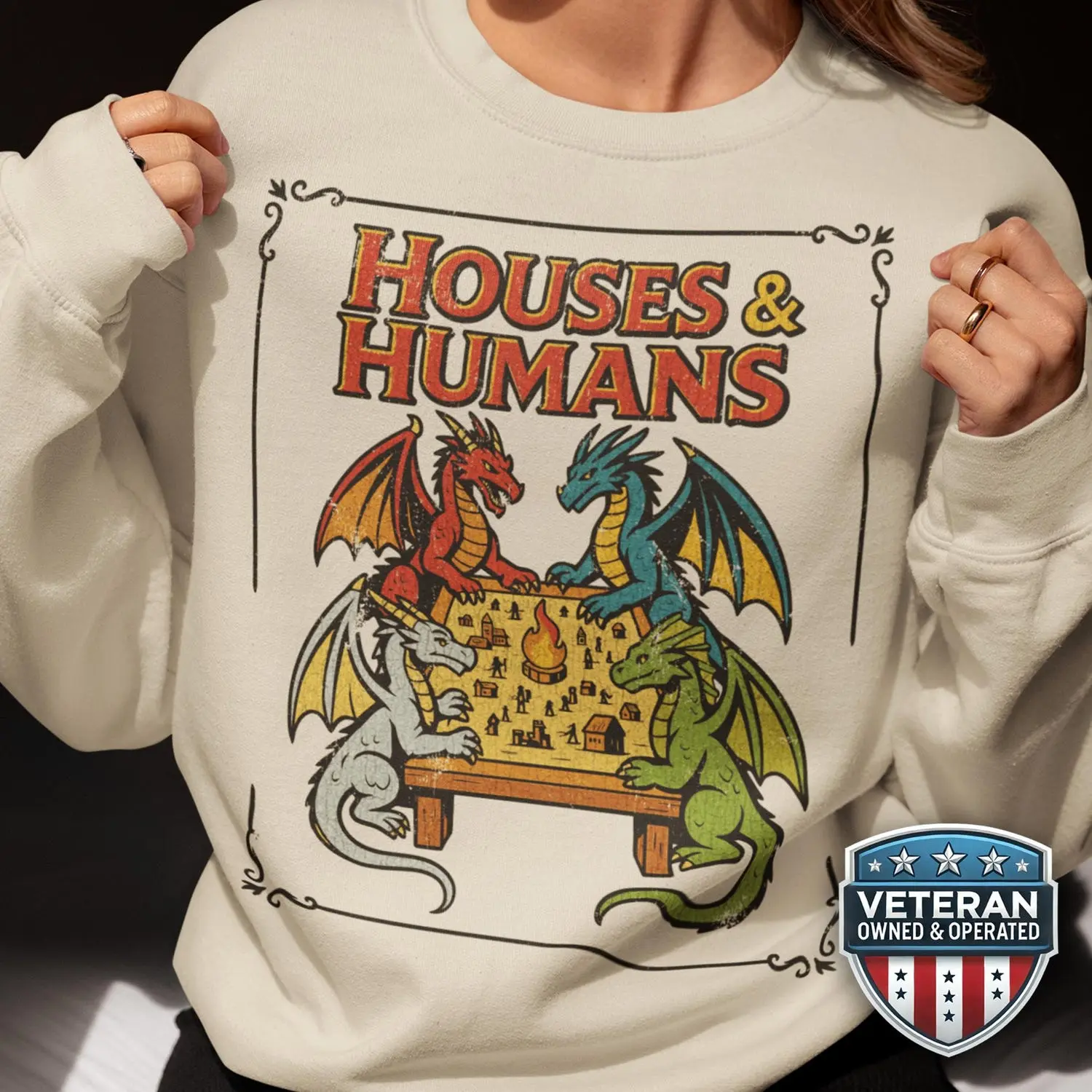 Retro Houses & Humans DnD Sweatshirt, Funny Dungeons and Dragons Parody Hoodie, Vintage Dungeon Master  Gamer Gift