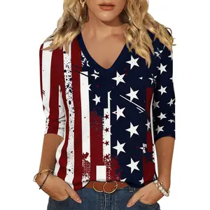 Women’s 3/4 Sleeve Patriotic V Neck Top, America 250 USA Flag Star Print Shirt, Quick Dry 3D Graphic Casual Blouse, Lightweight Summer Tee for Fourth of July, Memorial Day, Vacation, Travel & Daily Wear S-5XL