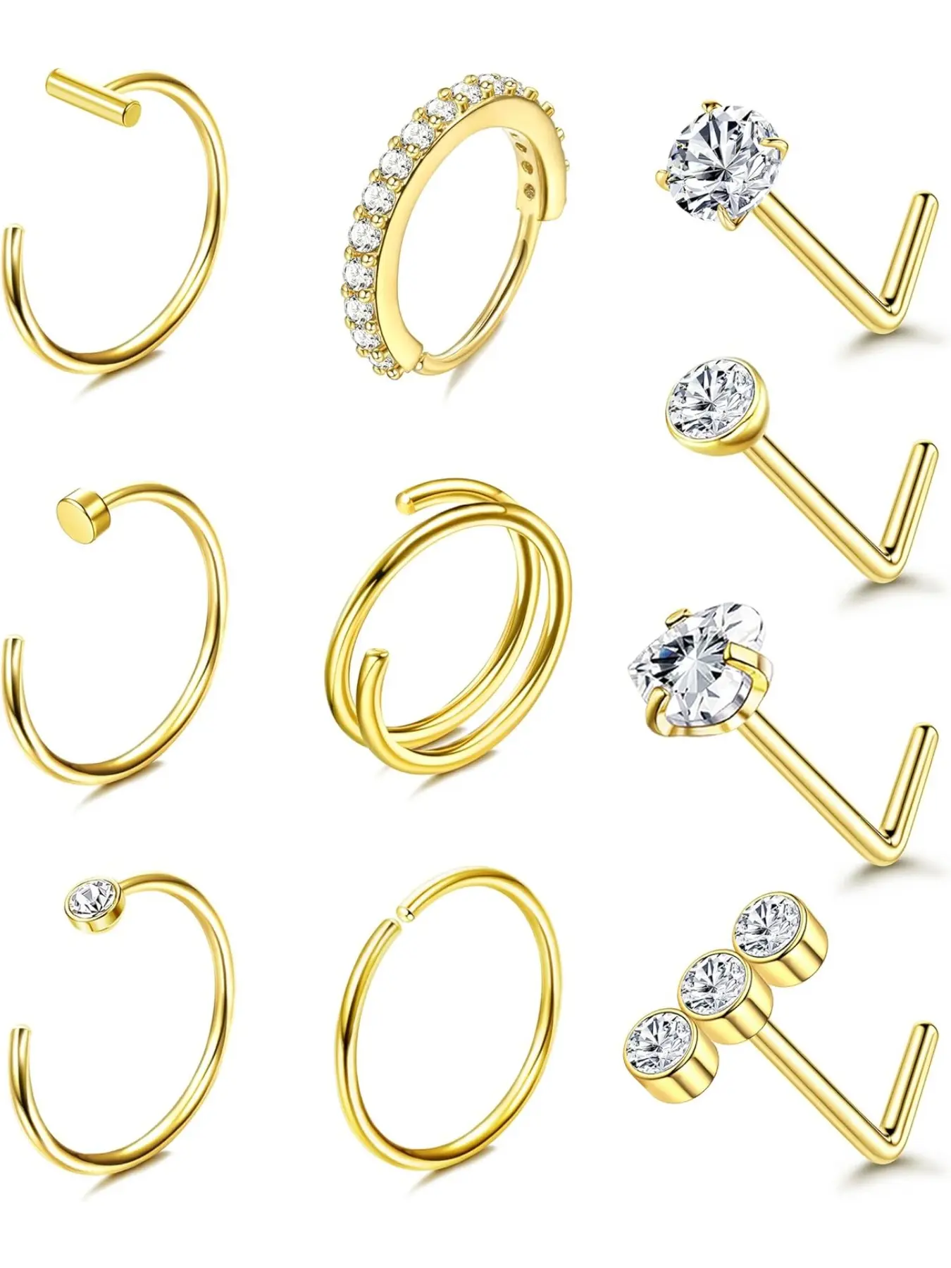 14k Nose Ring Studs, 20g Nose Rings Hoops, 316L Stainless Steel, Round Cz Heart L Shaped, Hypoallergenic, Unisex, 10pcs