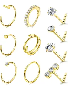 14k Nose Ring Studs, 20g Nose Rings Hoops, 316L Stainless Steel, Round Cz Heart L Shaped, Hypoallergenic, Unisex, 10pcs