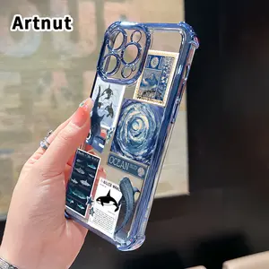 Electroplated Four Corner Anti-Fall Blue Watercolor Orca Pattern Phone Case for iPhone 16 Pro Max 15 Plus 14 13 12 11 E Shockproof Transparent Protective Cover