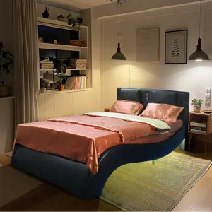 HGD Faux Leather Upholstered Platform Bed Frame with led lighting, Bluetooth connection to play music control, Backrest vibration massage, Curve Design, Wood Slat Support, Exhibited Speakers,King Size fluffybedframe floating bedframe