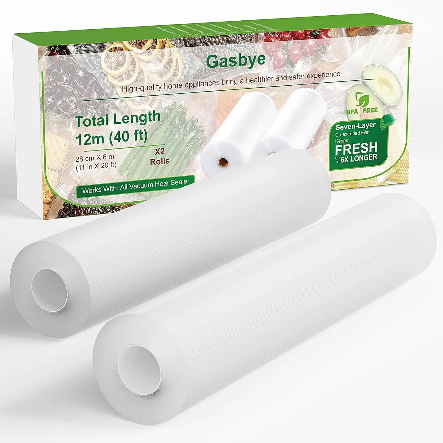 Gasbye Vacuum Sealer , 2 Pack 11"x 20' Rolls, BPA-Free Commercial Grade, Durable Customized Size for Airtight Food Storage, Meal Prep or Sous Vide Cooking Food Vac Bags  Freezer Storage