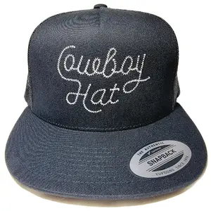 Black Breathable Mesh Fabric Cowboy Hat - Customizable Direct-Embroidered Adjustable Flat-Bill Trucker Cap for Sports & Outdoor Use, Customize