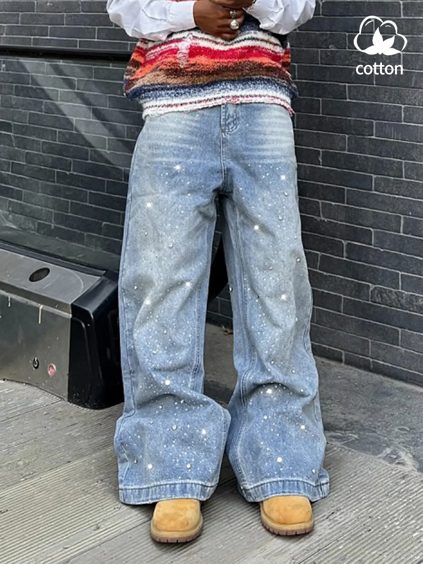 Men's Casual Light Wash Denim Jeans Pants Collection, Water Drill Streetwear Street Style Galaxy, Wide Leg Lazy Look, Blue High-End Feel, Perfect for New Heights! Pocket Design Jeans
