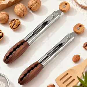 2 Pack Cooking Tongs, 9 Inch Walnut Wood Tongs, Stainless Steel Non-Slip Salad Tongs, Wooden Tongs for BBQ & Kitchen Use, Barbecue Utensils