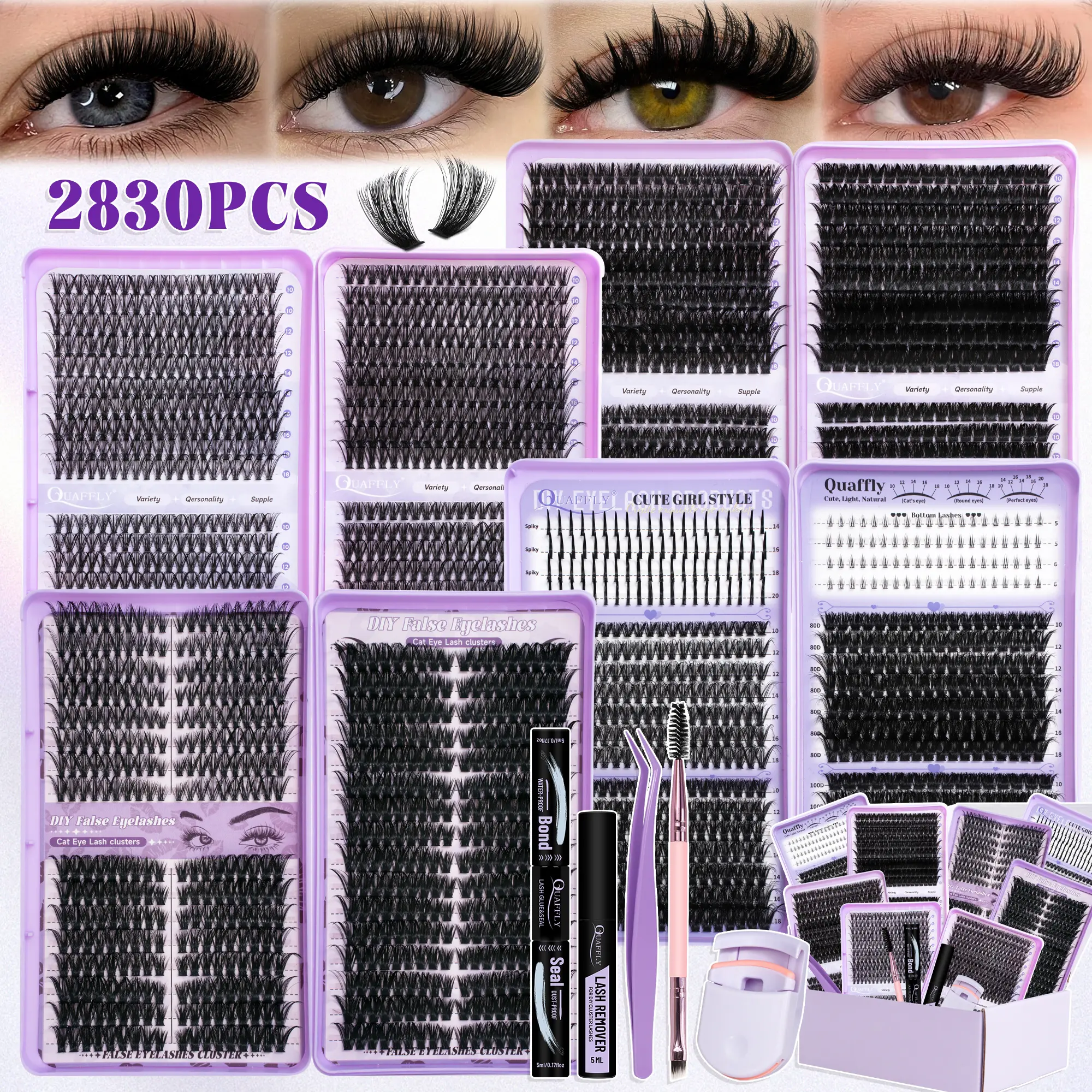 Lash Clusters Kit 2830Pcs With Lashes +Spike Lashes +Bottom Lashes Kit DIY Individual Lashes Extension Kit Lash Bond&Seal Remover Tweezer Brush Mascara Shield Lash Curler For False Eyelash Cluster Kit At Home