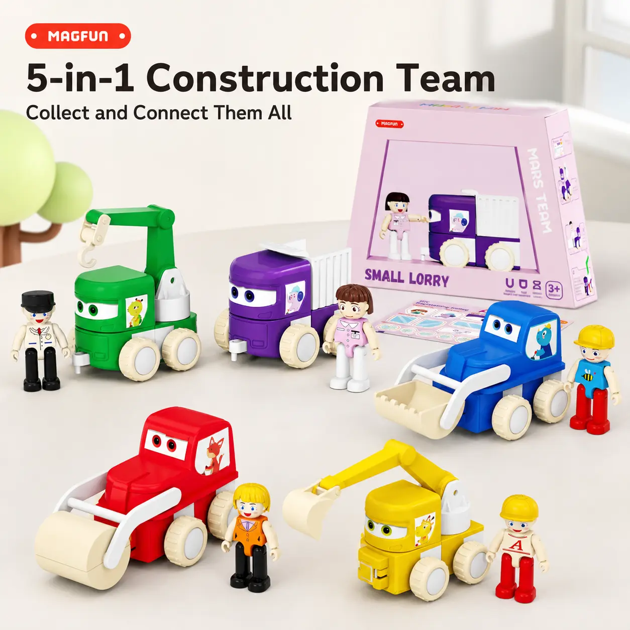 Magnetic Engineering Construction Vehicle Toy Set - STEM Take-Apart Magnetic Blocks with Movable Action Figure, DIY Stickers, Safe ABS Material for 3-8 Year Old Toddlers
