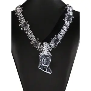 Jesus Portrait Pendant Necklace with Clear Multicolor Acrylic Bramble Chain for Men Faith Statement Religious Statement