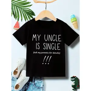 Kids Ask My Parent For Details About My Uncle Who Is A Singer Patterned T-shirt,Back to School Season Cotton Graphic T-shirt for Boys and Girls,Black Summer Shirt with Colorful Cartoon Pattern,Round Neck Short Sleeve Tee,Kids Stuff,Cute Clothes,Teen Girl