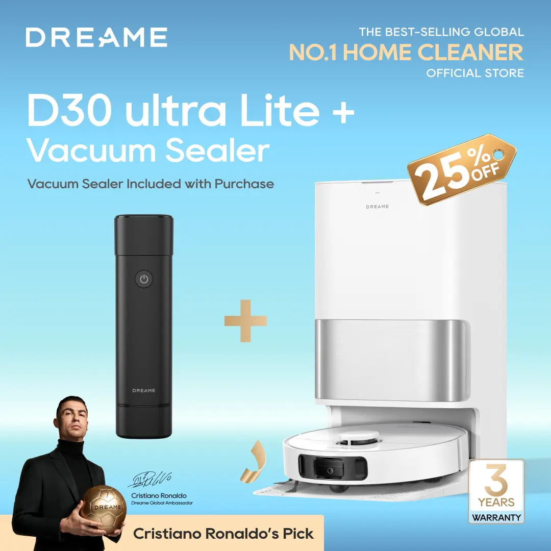 【 FREE Vacuum Sealer with Purchase】DREAME D30 Ultra Lite Robot Vacuum and Mop, 24,000Pa Powerful Suction, All-in-One Base Station with 100 Days Auto-Empty, MopExtend Tech for Edge Cleaning, Smart Obstacle Avoidance, White,sohochic